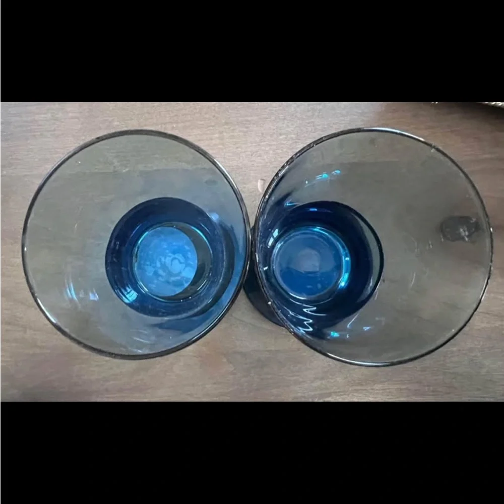 PIER 1. Set of Two Blue Wavy Glass Candle Holders. Holds 1” and Tealight Candles